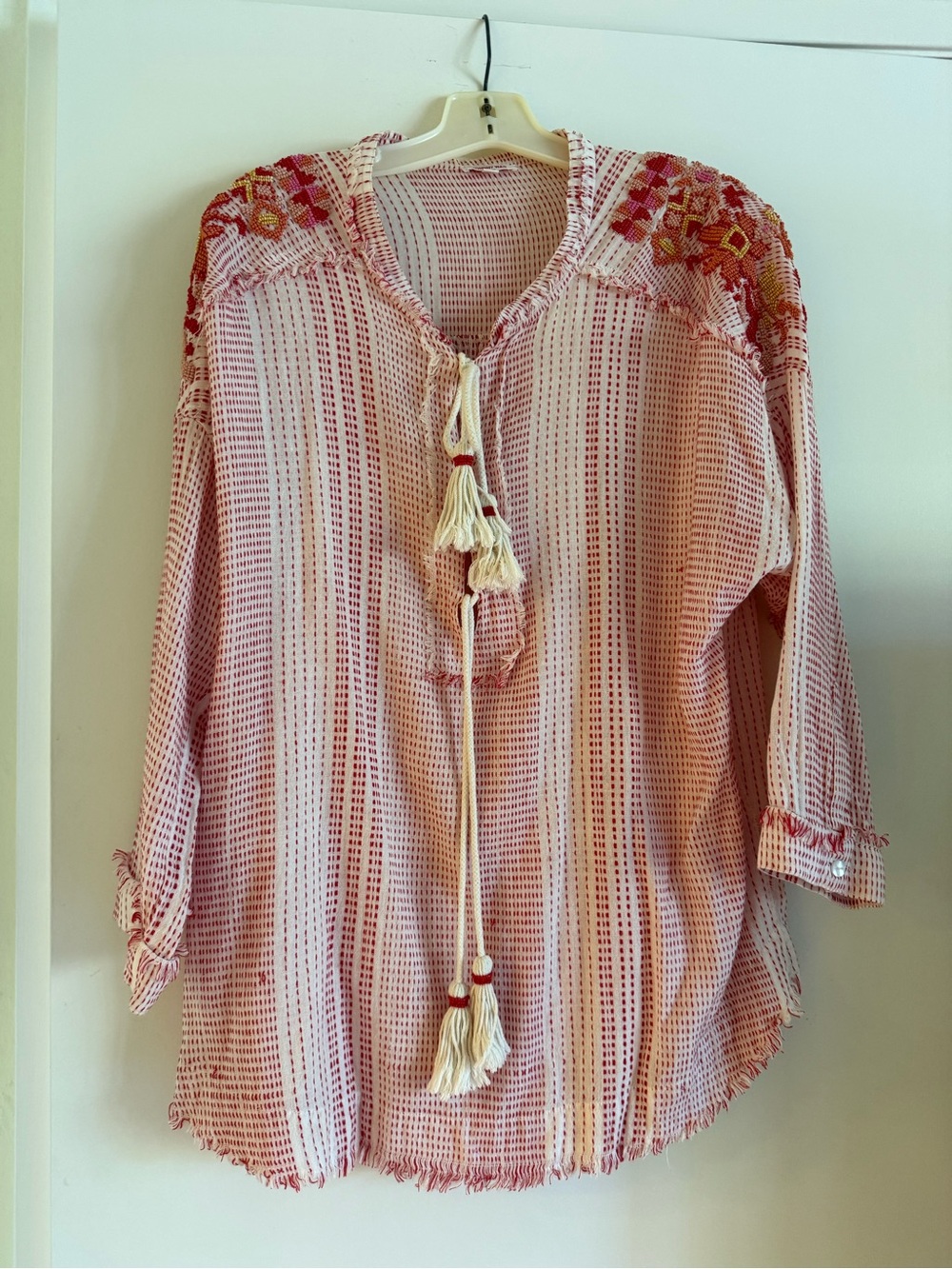 Johnny Was Pink and Cream Open-Weave Tunic with Embroidered Yoke